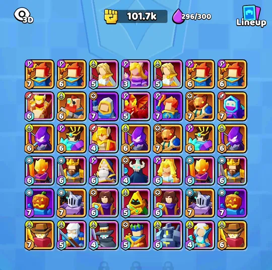 Battlefield in 2D view, showing hero cards with level badges