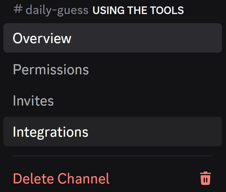 Channel settings menu with Integrations highlighted
