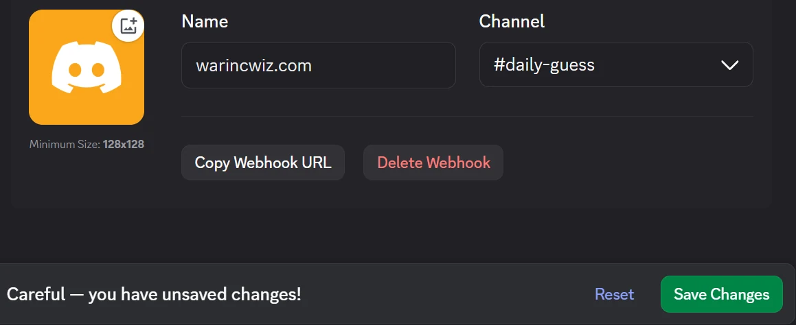 Webhook settings with a name typed in the Name box and Save Changes highlighted