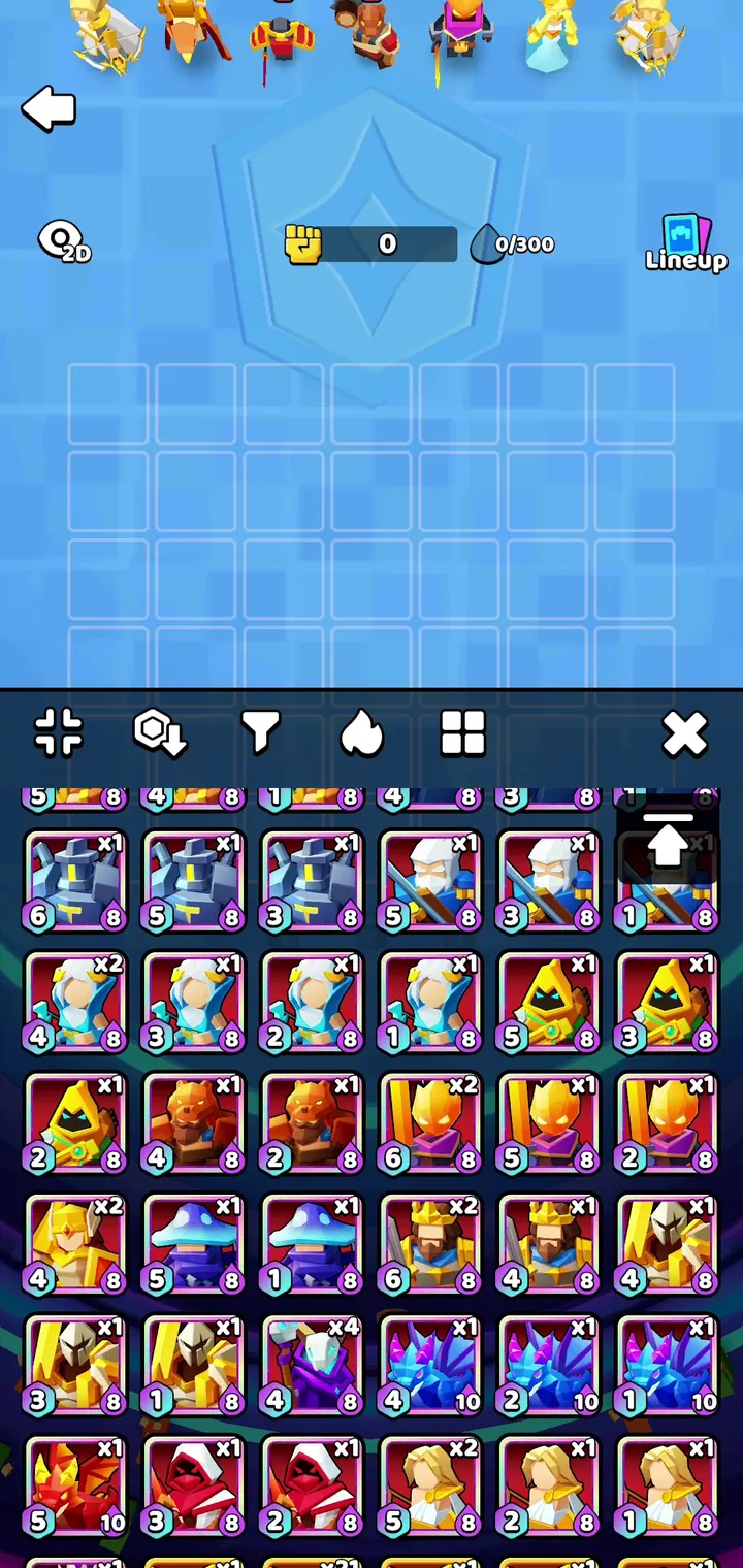 Second roster screenshot, scrolled down, with the go-to-top arrow covering a card